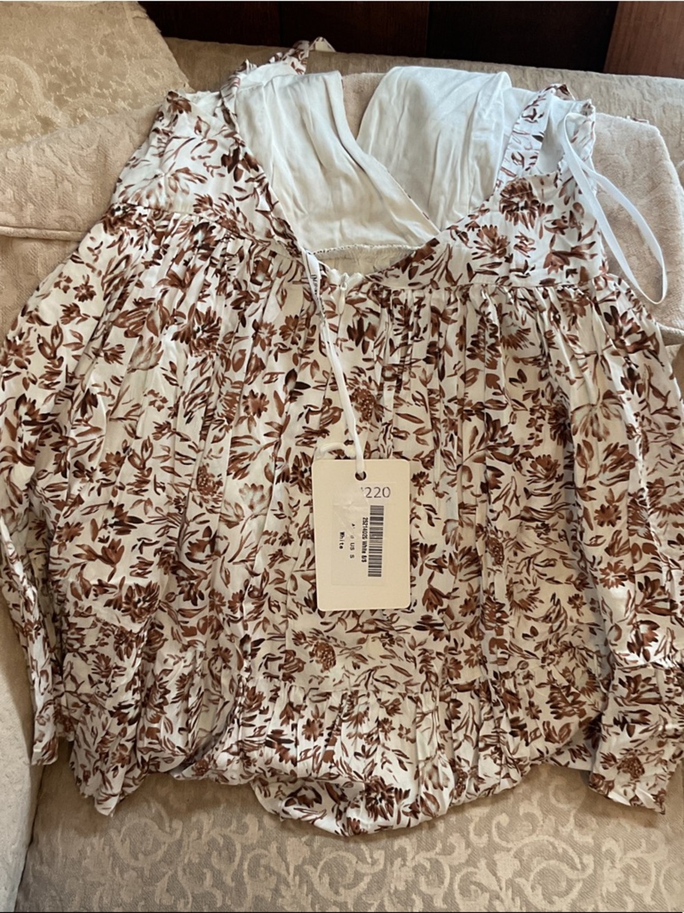 Floral Tie-Shoulder Mini Dress in Cream and Brown - Picture 4 of 6